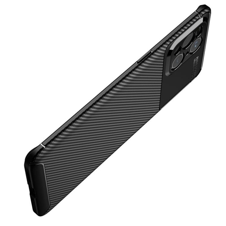 Black carbon-fiber TPU phone case side view with button and port openings