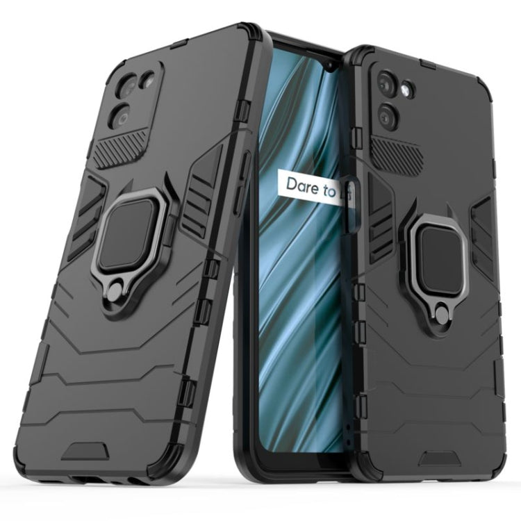 Black shockproof phone case with magnetic ring holder; front and back view, for OPPO Realme V11 5G