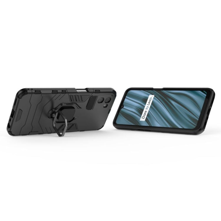 Black shockproof PC and TPU phone case with magnetic ring holder; kickstand extended, for V11 5G