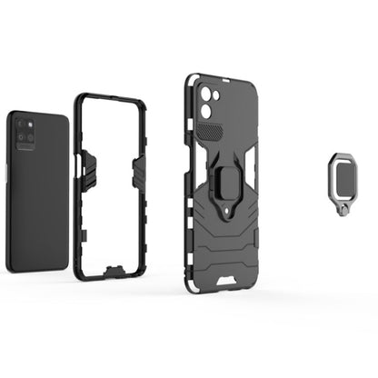 Black shockproof PC and TPU phone case with magnetic ring holder; back, frame, and holder pieces
