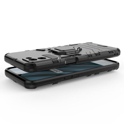 Black shockproof PC and TPU phone case with magnetic ring holder; side profile and top details