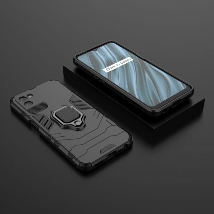 Black shockproof PC and TPU phone case with magnetic ring holder; case front and back side by side