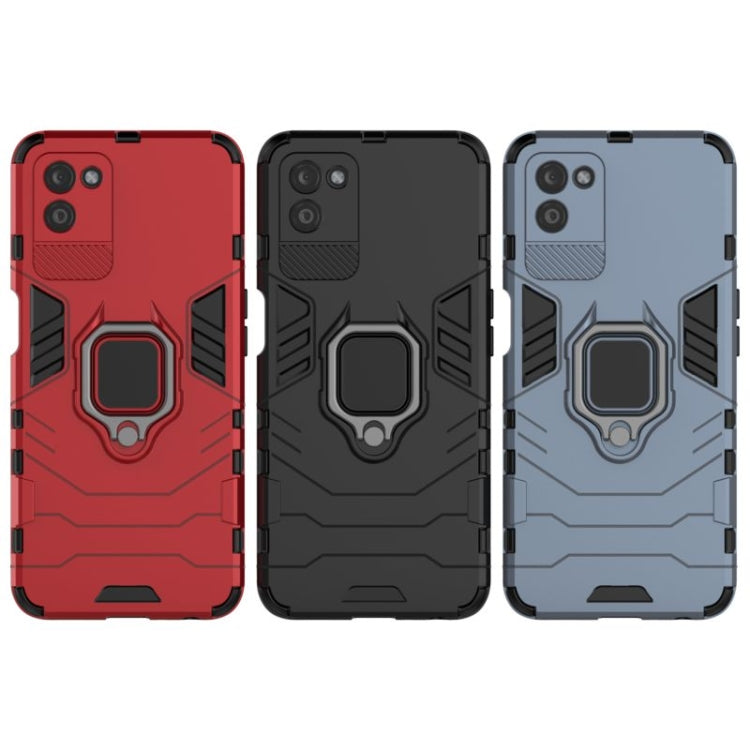 Shockproof phone cases with magnetic ring holder in red, black, and light blue for OPPO Realme V11 5G