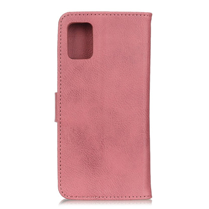 Pink cowhide-texture leather phone case with camera cutout and flip cover