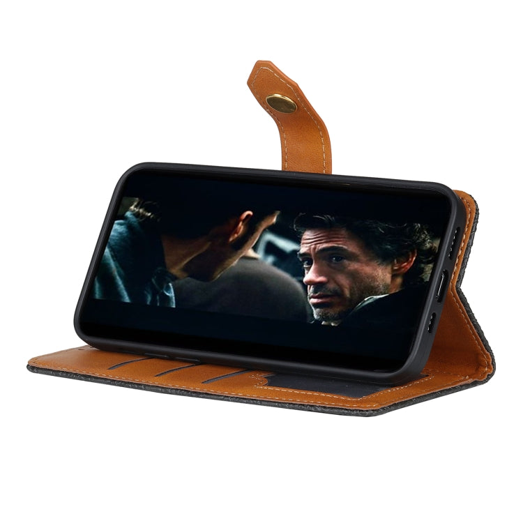 Black embossed PU leather flip phone case with stand view and brown strap