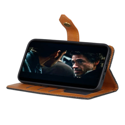 Black embossed PU leather flip phone case with stand view and brown strap