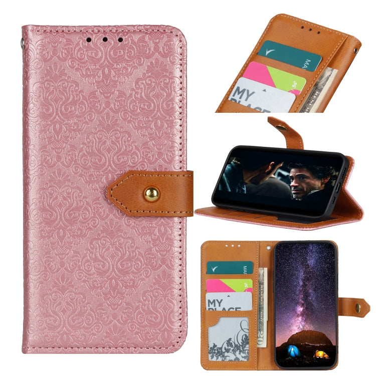 Pink embossed floral PU leather flip phone wallet with card slots and stand