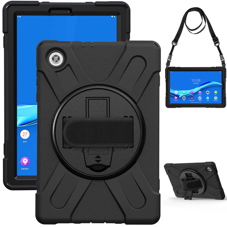 Shockproof tablet case with circular grip kickstand, hand strap & shoulder strap, black