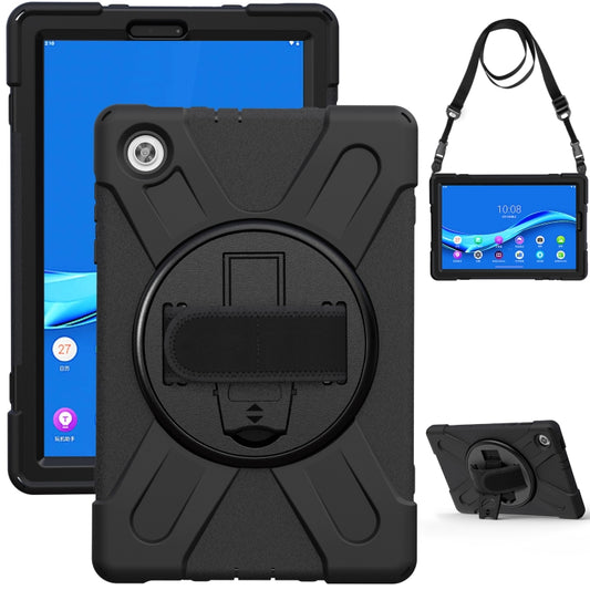 Shockproof tablet case with circular grip kickstand, hand strap & shoulder strap, black