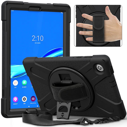 Shockproof tablet case with circular grip kickstand, hand strap, black