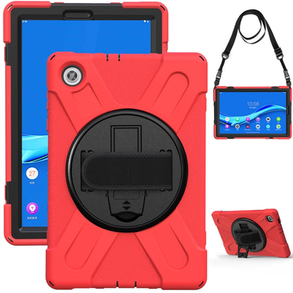 Shockproof tablet case with circular grip kickstand, hand strap & shoulder strap, red