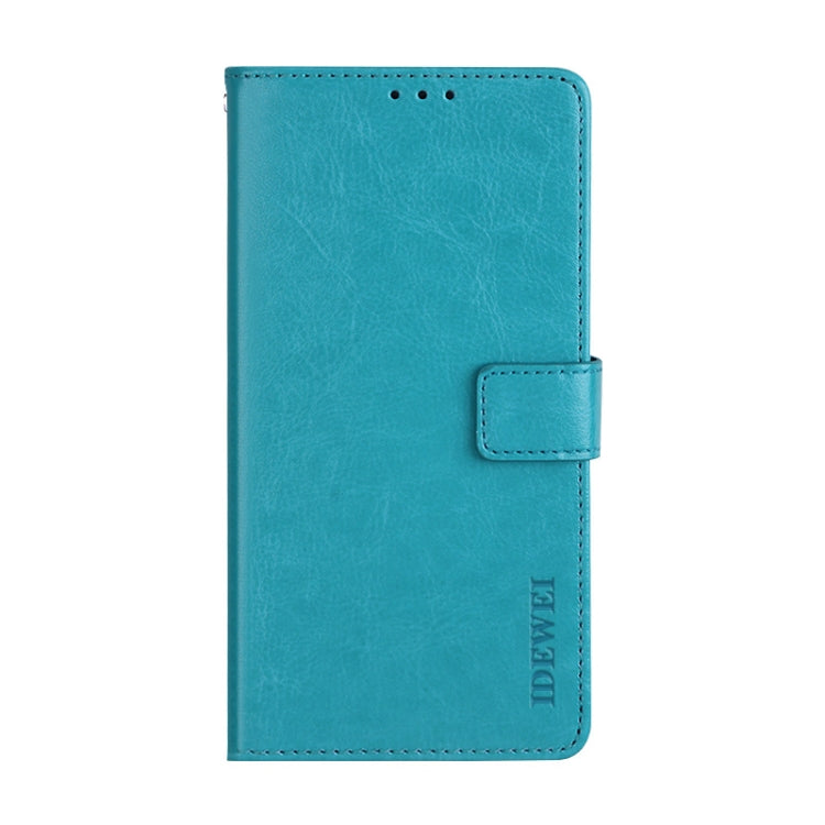 Sky blue crazy horse leather flip wallet case with front pocket and card slot.