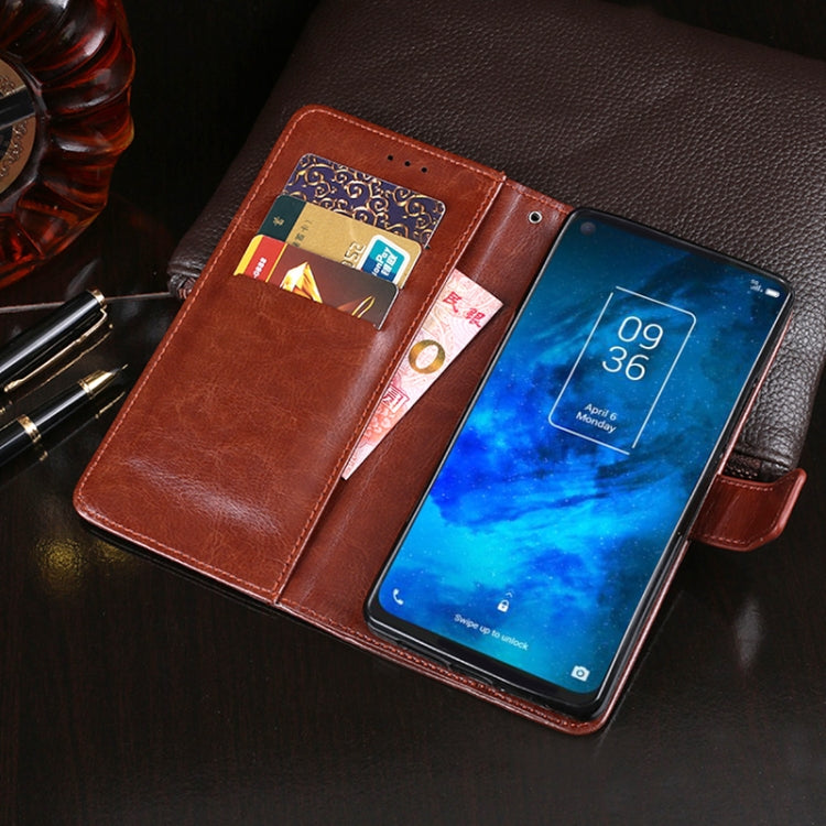 Brown crazy horse leather flip phone wallet case with card slots; phone screen visible.