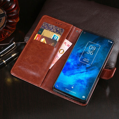 Brown crazy horse leather flip phone wallet case with card slots; phone screen visible.