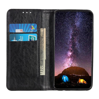Black flip leather case with card slots and phone screen viewing stand