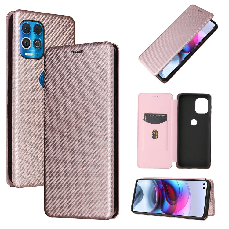 Light pink carbon fiber texture magnetic flip phone case with card slot and cutouts