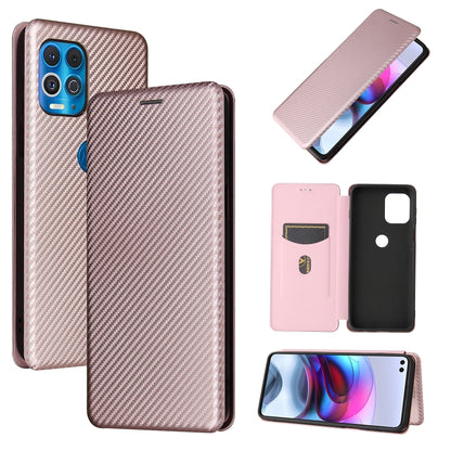 Light pink carbon fiber texture magnetic flip phone case with card slot and cutouts