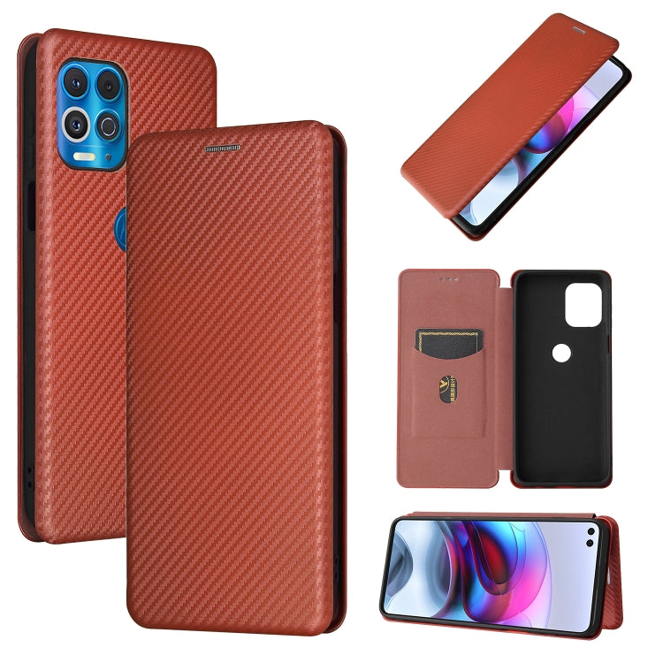 Brown carbon fiber texture magnetic flip phone case with card slot and phone cutouts