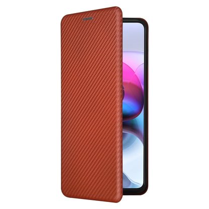 Brown carbon fiber texture magnetic flip phone case shown closed over the screen