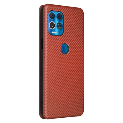 Brown carbon fiber texture phone case with camera cutout and small finger loop