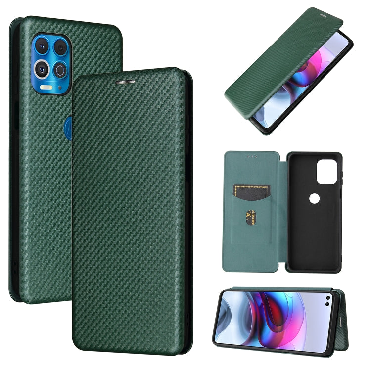 Magnetic flip phone case with card slot, carbon fiber texture, green