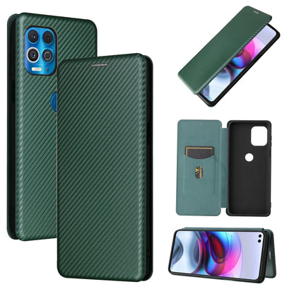 Magnetic flip phone case with card slot, carbon fiber texture, green