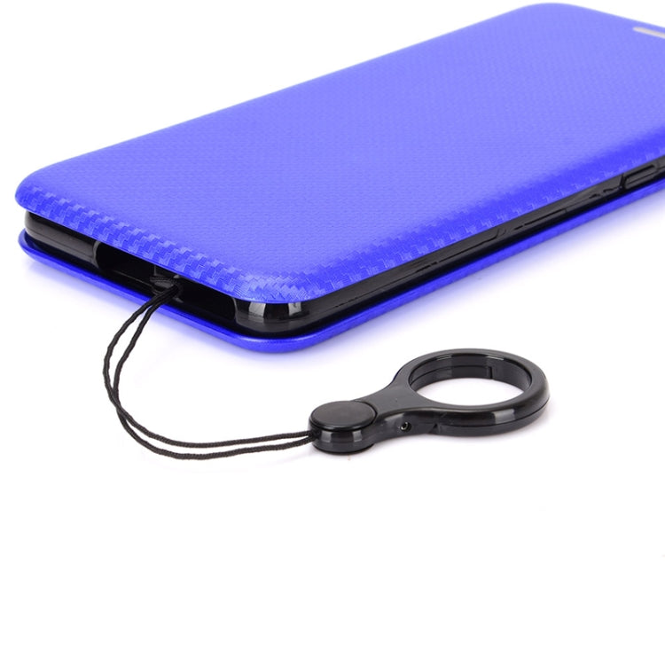 Blue carbon-fiber texture phone case with lanyard and exposed side buttons