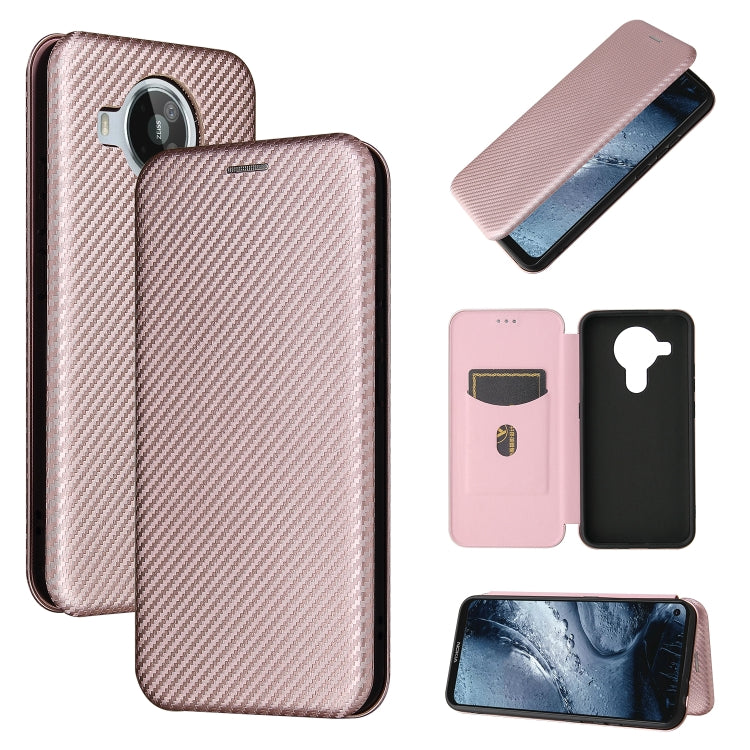 Magnetic flip phone case with card slot, carbon fiber texture, pink