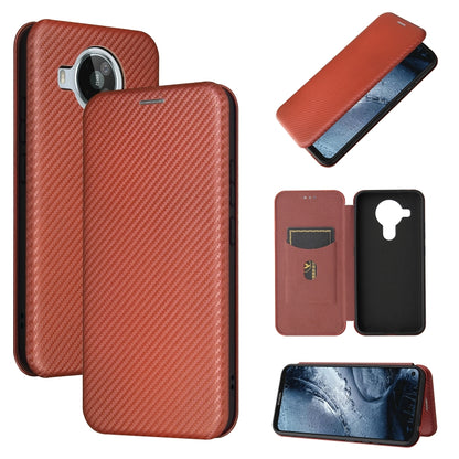 Magnetic flip phone case with card slot, carbon fiber texture, brown