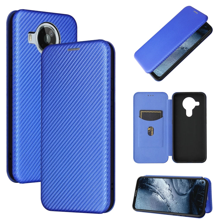 Magnetic flip phone case with card slot, carbon fiber texture, blue