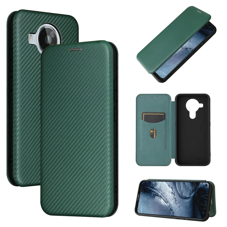 Magnetic flip phone case with card slot, carbon fiber texture, dark green