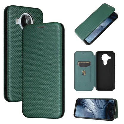 Magnetic flip phone case with card slot, carbon fiber texture, dark green