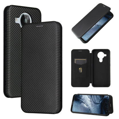 Magnetic flip phone case with card slot, carbon fiber texture, black