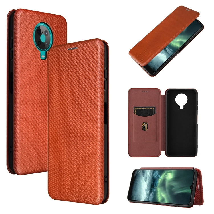 Magnetic flip phone case with card slot, carbon fiber texture, brown/orange