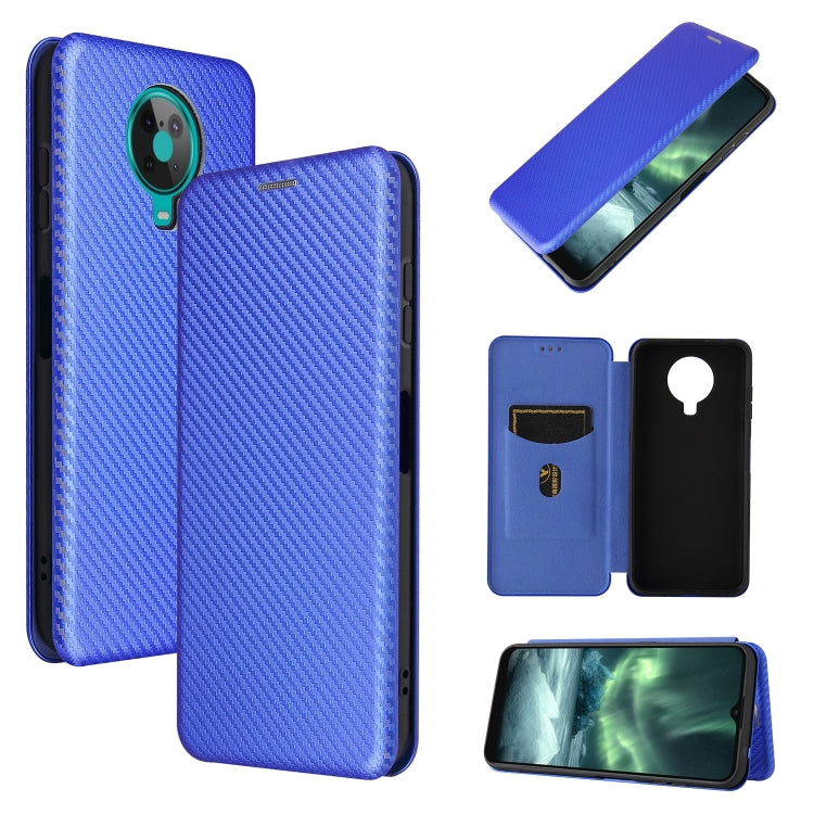 Magnetic flip phone case with card slot, carbon fiber texture, bright blue