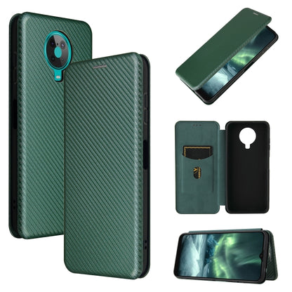 Green carbon-fiber texture magnetic flip phone case with card slot and window stand