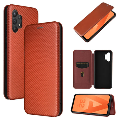 Red brown carbon-fiber texture magnetic flip phone case with card slot and window stand