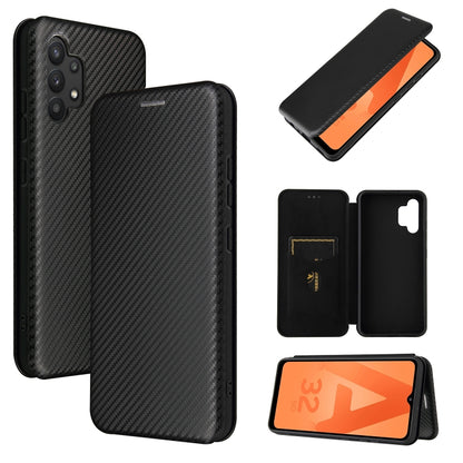 Black carbon-fiber texture magnetic flip phone case with card slot and window stand