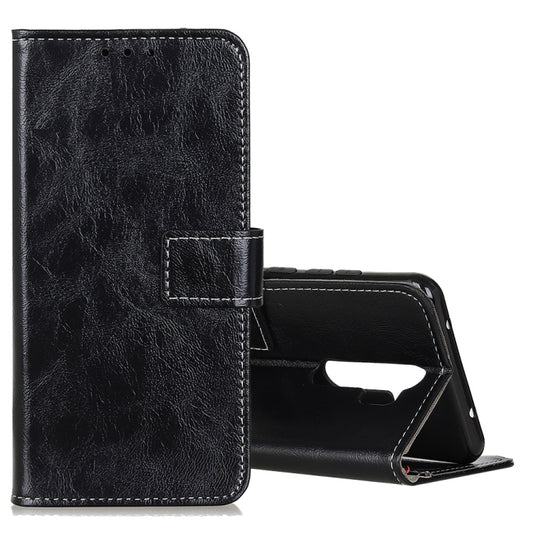 Black flip leather wallet case with card slots and phone stand