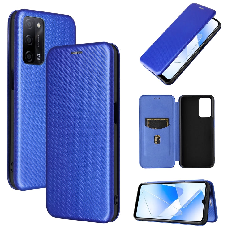 Magnetic flip phone case, carbon-fiber texture, card slot; bright blue with flip.