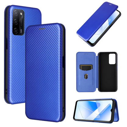 Magnetic flip phone case, carbon-fiber texture, card slot; bright blue with flip.