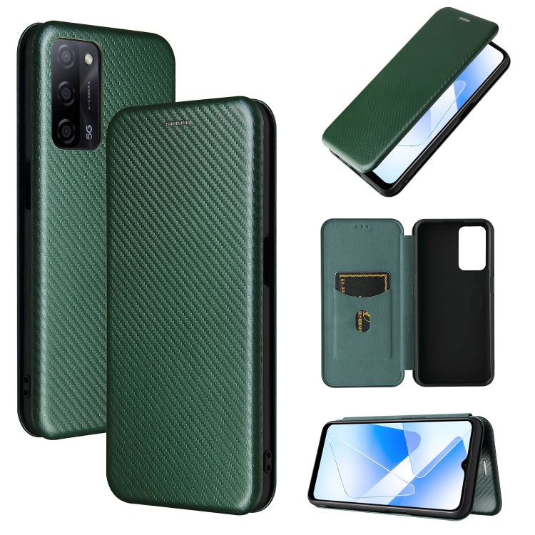 Magnetic flip phone case, carbon-fiber texture, card slot; forest green.