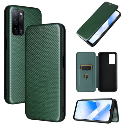 Magnetic flip phone case, carbon-fiber texture, card slot; forest green.