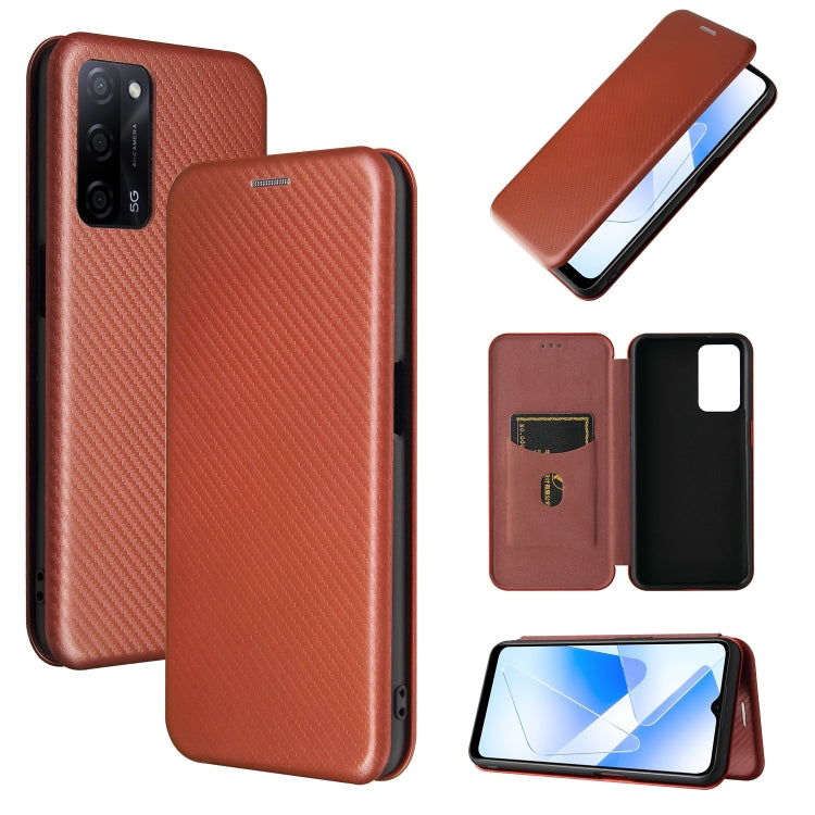 Brown carbon-fiber textured magnetic flip phone case with card slot, TPU/PC/PU leather.
