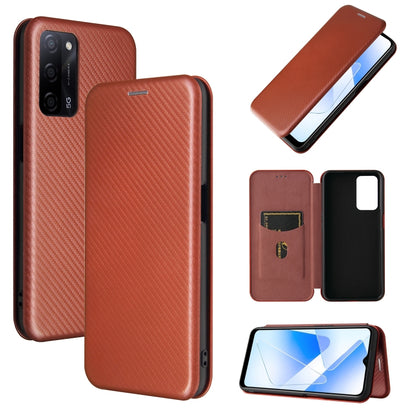 Brown carbon-fiber textured magnetic flip phone case with card slot, TPU/PC/PU leather.