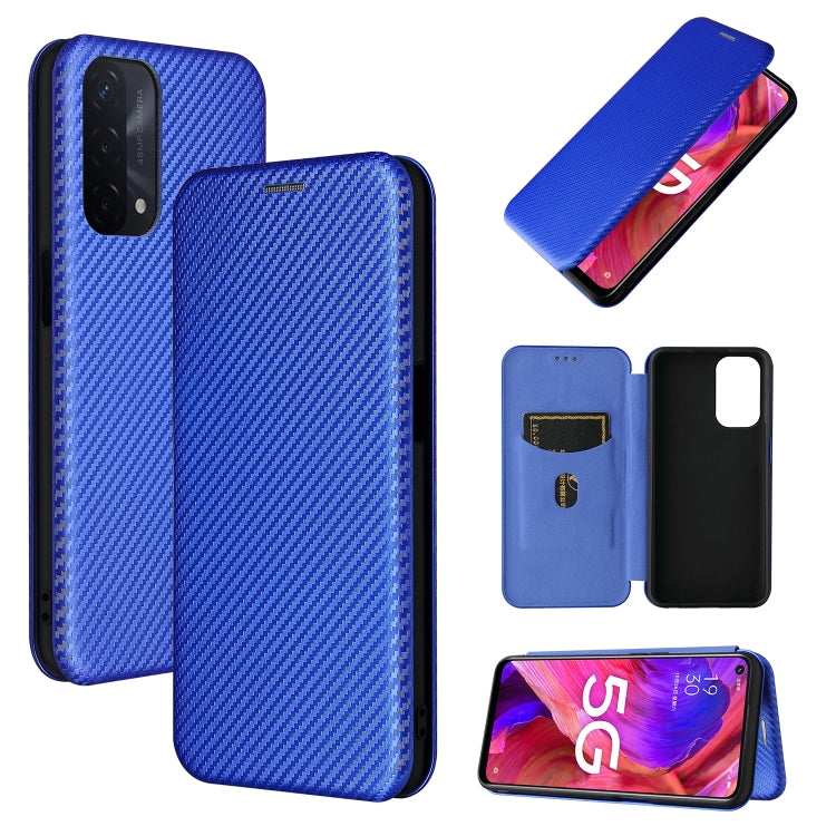 Blue horizontal flip magnetic phone case with carbon-fiber texture and card slot, TPU/PC/PU.
