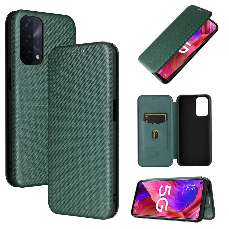 Green horizontal flip magnetic phone case with carbon-fiber texture and card slot, TPU/PC/PU.