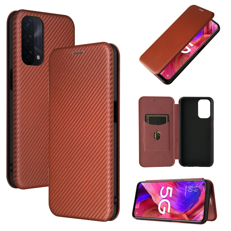 Brown horizontal flip magnetic phone case with carbon-fiber texture and card slot, TPU/PC/PU.