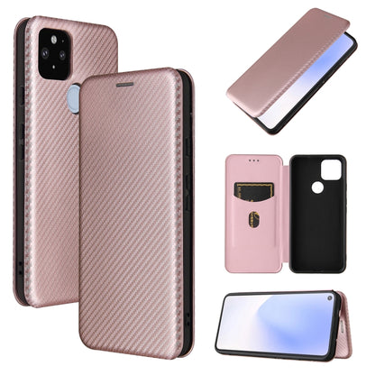 Rose pink carbon fiber texture magnetic flip phone case with card slot and kickstand