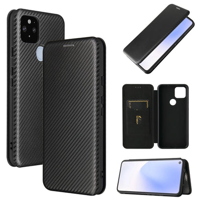 Magnetic flip phone case, carbon-fiber texture, card slot; dark gray/black.